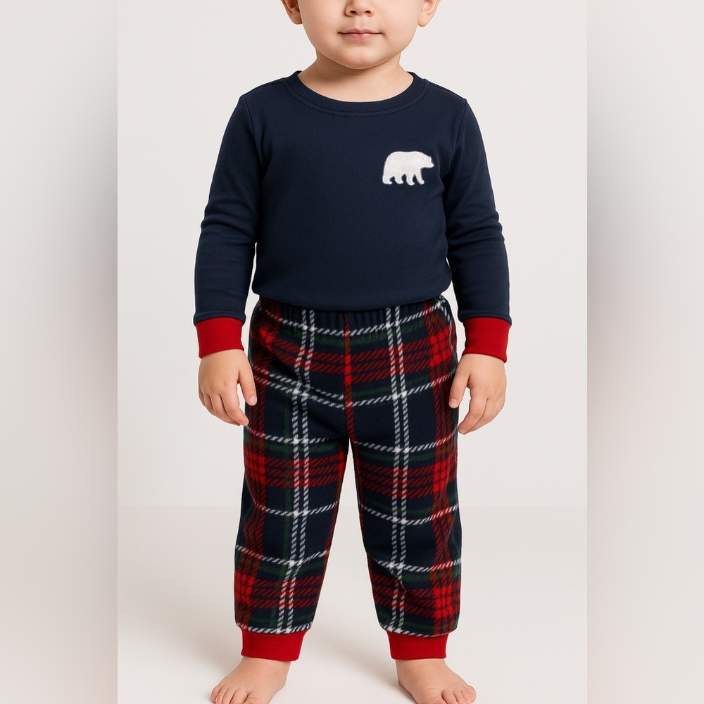 Dearfoams Kids Pajama Set with Bear Patch - Navy and Red Plaid